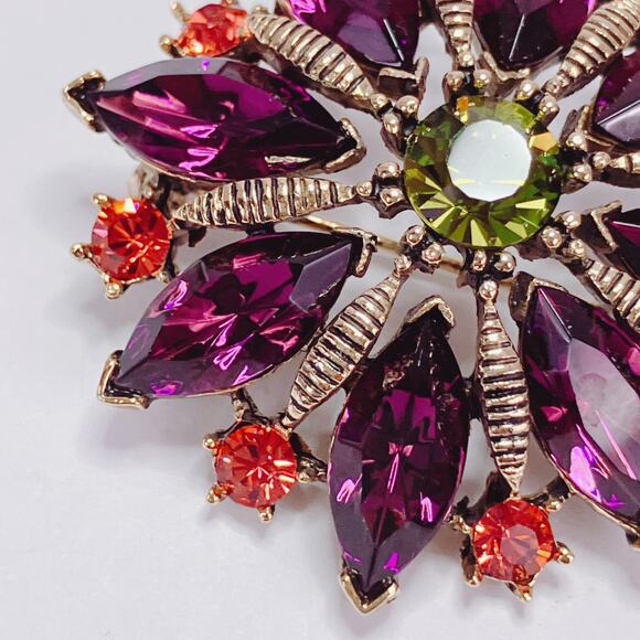 Signed Graziano Jewel Tone Green Purple Rhinestone Floral Brooch 1980s Gold Tone - Picture 4 of 10